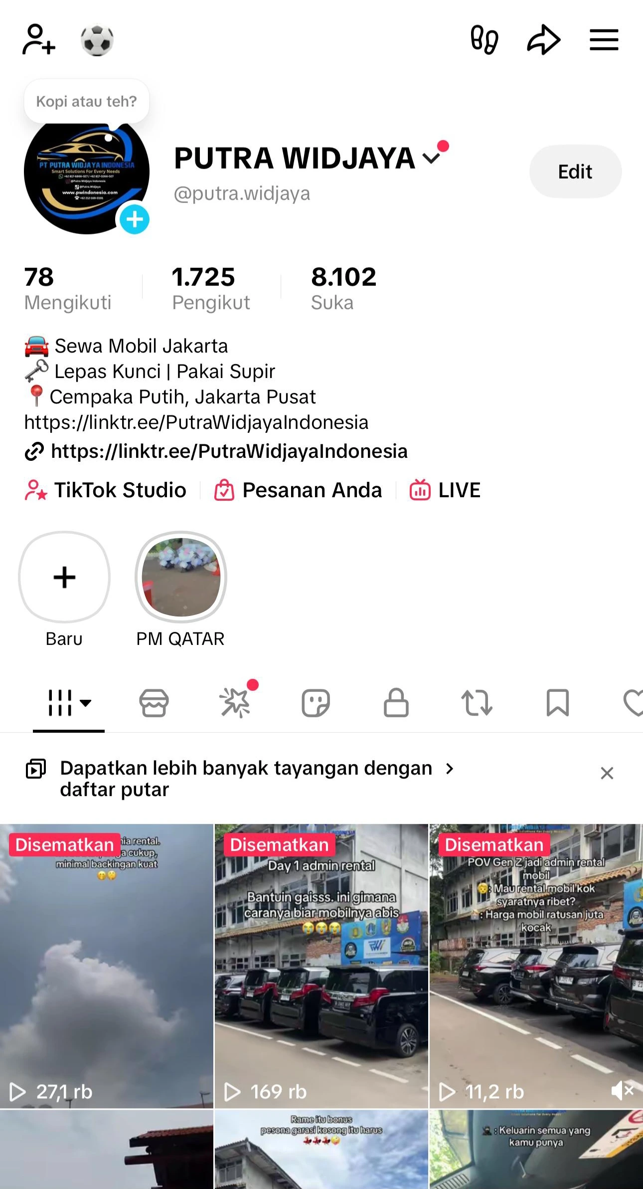 Profil TikTok Putra Widjaya Rental Car